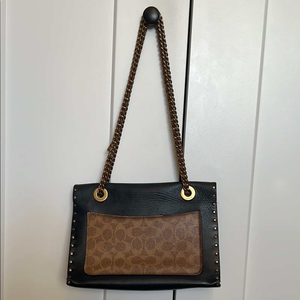 Coach 1941 Floral Turnlock Chain Crossbody Black/Brown Leather Signature Canvas - Picture 2 of 4